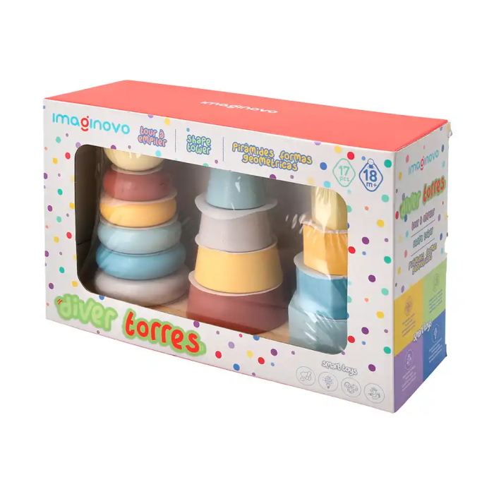 Imaginovo Torre de Formas Apilables Madera Infantil +18 Meses 17 Piezas 28x20x9cm Juguete Educativo 7