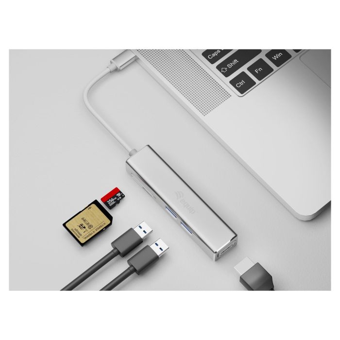 EQUIP Adaptador USB-C a HDMI, 2xUSB 3.0, SD Lector Tarjetas, 4K 30Hz, Color Plata, 0.15m 1 EQUIP Adaptador USB-C a HDMI, 2xUSB 3.0, SD Lector Tarjetas, 4K 30Hz, Color Plata, 0.15m 1