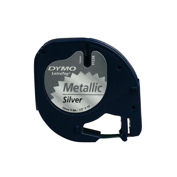Dymo 91208 Cinta Negra - Plata Metalizada 12 mmx4M, Plástico para Rotuladora Letratag