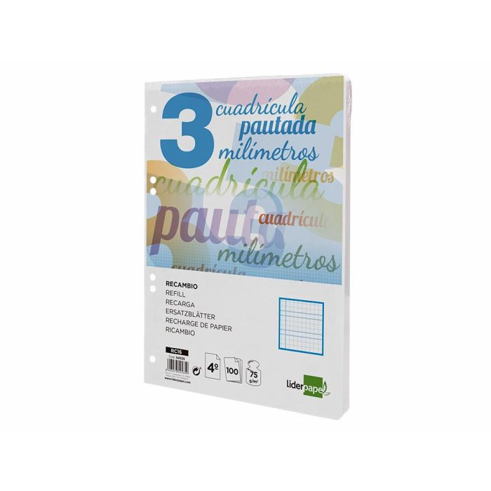 Recambio Liderpapel Cuarto Pautaguia 100 Hojas 75 gr Cuadriculado Pautado 3 mm Con Margen 6 Taladros 2