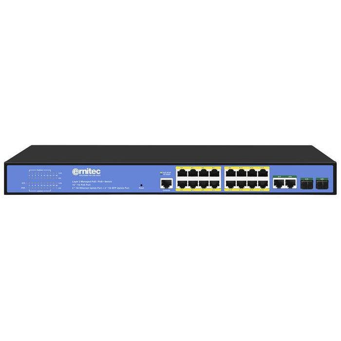 Ernitec Switch Gestionado Capa 2+, 16 Puertos Gigabit PoE, 2 SFP Gigabit, 2 RJ45 Gigabit, 10/100/1000Mbps, Watchdog