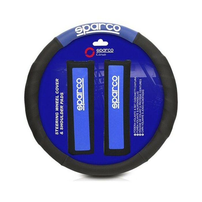 Sparco SPC1111KAZ Funda Volante y Almohadillas Universales Negro-Azul | Juego Antideslizante Lavable 100% Poliéster