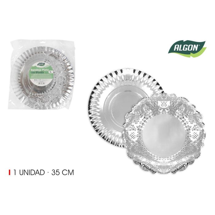 Bandeja redonda de plata con blonda 35 cm - Algon (30 Unidades) Bandeja redonda de plata con blonda 35 cm - Algon (30 Unidades)