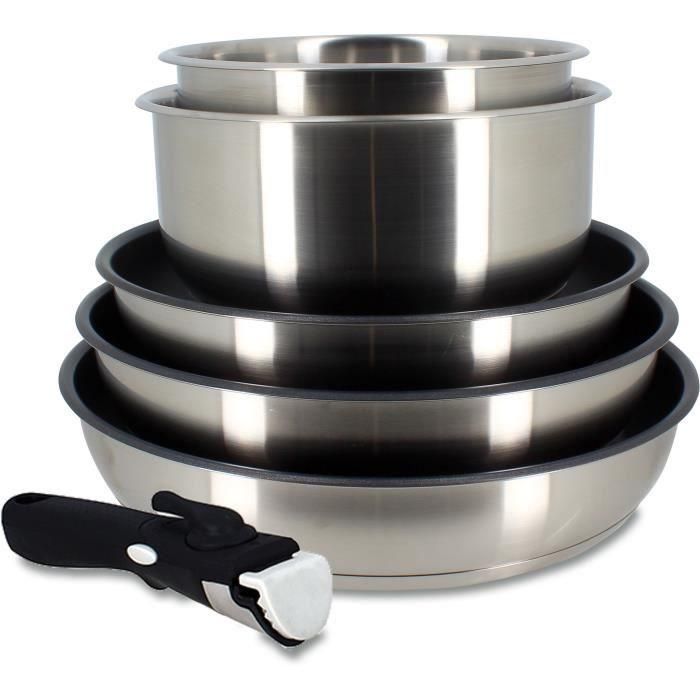 Batería de cocina - Inducción - MENASTYL - 7930018 - Acero inoxidable - 6 piezas - Mango extraíble - Gris Batería de cocina - Inducción - MENASTYL - 7930018 - Acero inoxidable - 6 piezas - Mango extraíble - Gris
