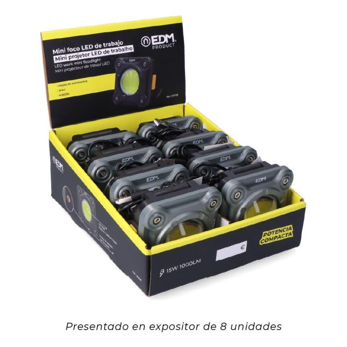Edm Foco led mini de trabajo 15w 1000lm cob, 3 modos, batería 2000mah, imán, gancho, usb tipo c, ip44 4 Edm Foco led mini de trabajo 15w 1000lm cob, 3 modos, batería 2000mah, imán, gancho, usb tipo c, ip44 4
