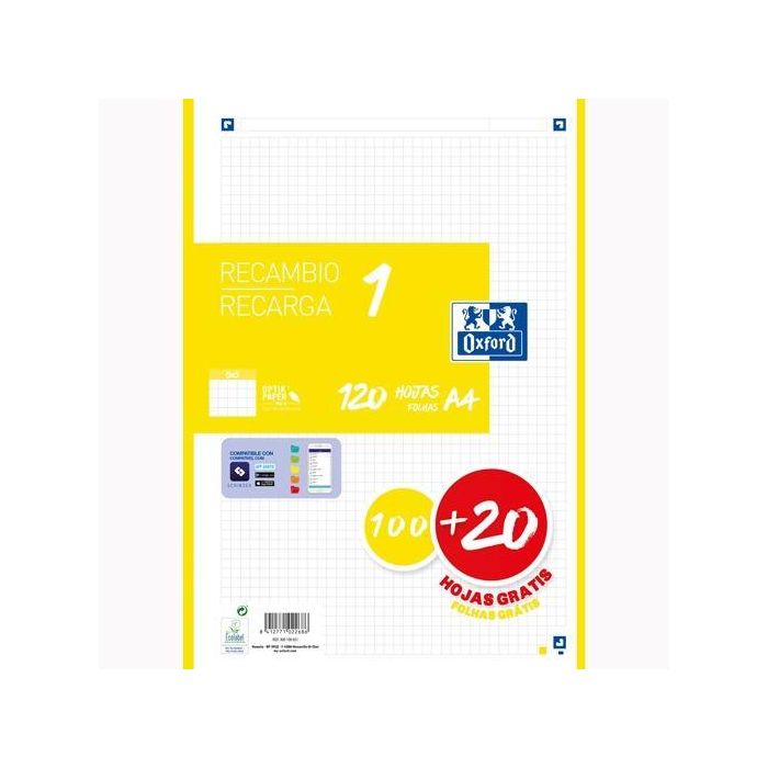 Oxford Recambio Classic 120 Hojas A4 Sueltas 90 gr, 5x5 mm, 4 Taladros, Banda Amarillo, Compatible con SCRIBZEE