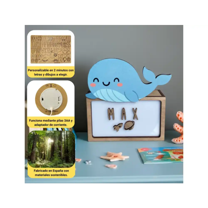 Wondee Lámpara Quitamiedos Infantil Ballena Personalizable de Madera Sostenible 1