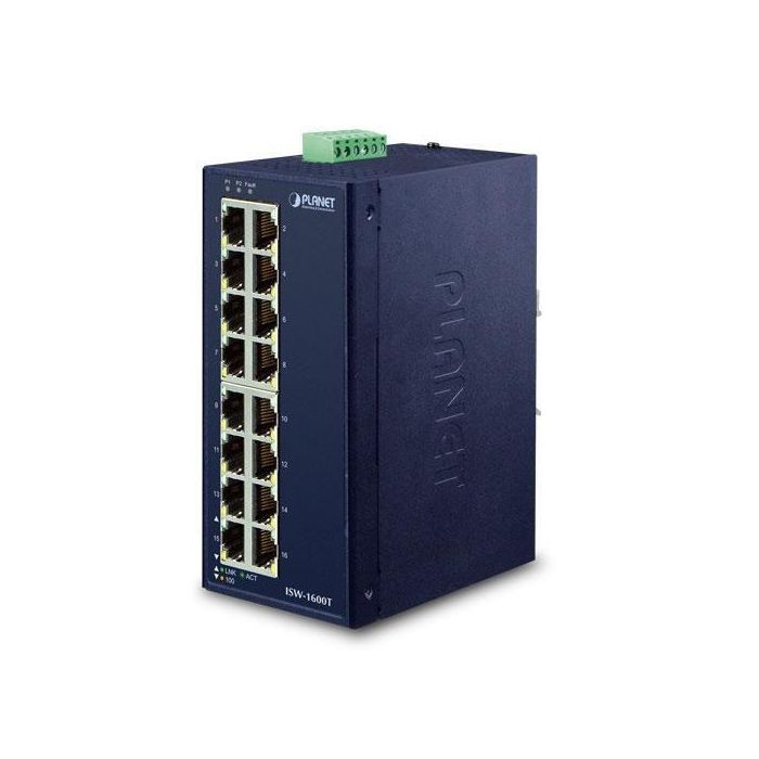 Planet ISW-1600T Switch industrial 16 puertos Fast Ethernet 10/100TX L2, Carcasa IP30, -40 a 75°C, Montaje Carril DIN/Pared