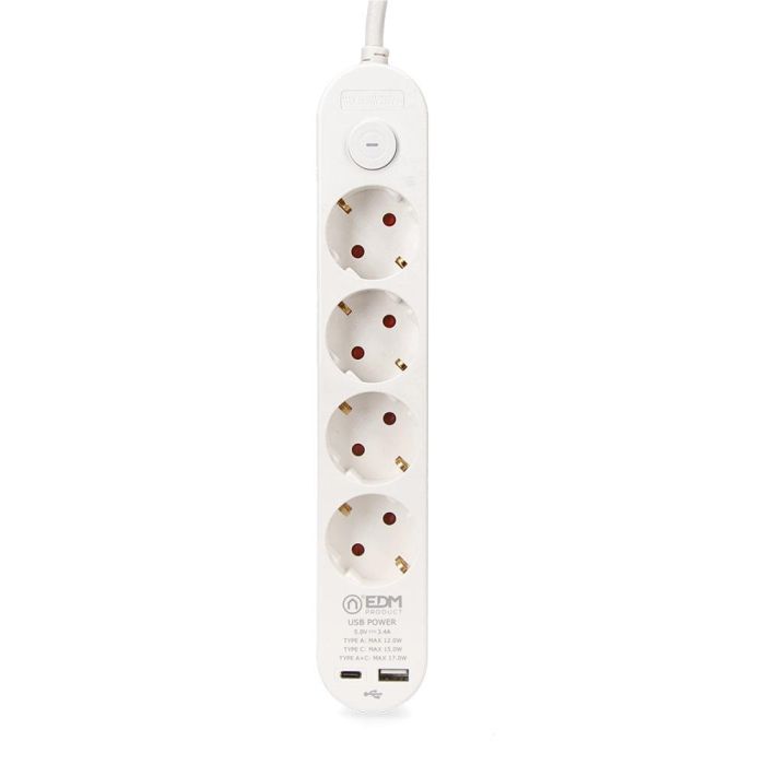 Prolongador con 4 tomas 2 p+t schuko, con interruptor, 2 usb a + c, 16 a 250 v, cable h05vv-f, 3g1,5mm² de 1,5 m, blanco 1 Prolongador con 4 tomas 2 p+t schuko, con interruptor, 2 usb a + c, 16 a 250 v, cable h05vv-f, 3g1,5mm² de 1,5 m, blanco 1