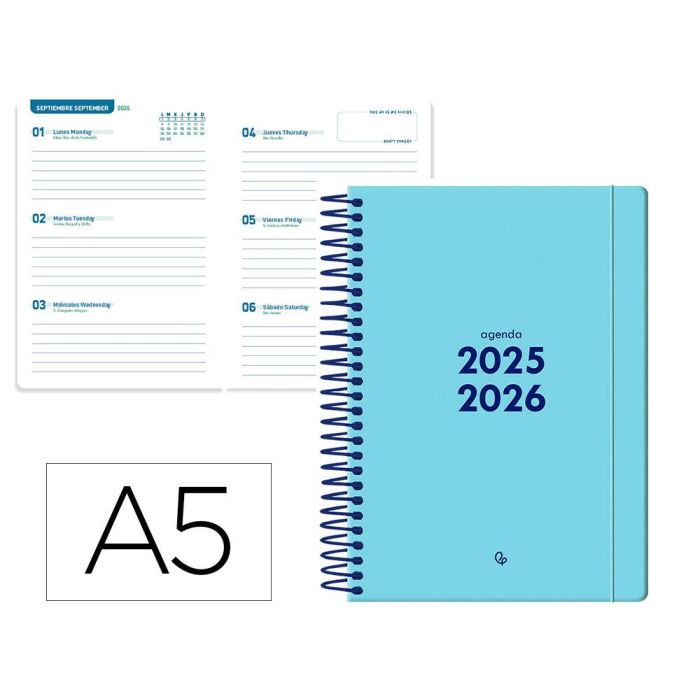Agenda Escolar Liderpapel 25-26 Espiral Basic Azul Semana Vista A5 Bilingüe Papel Fsc 70 gr