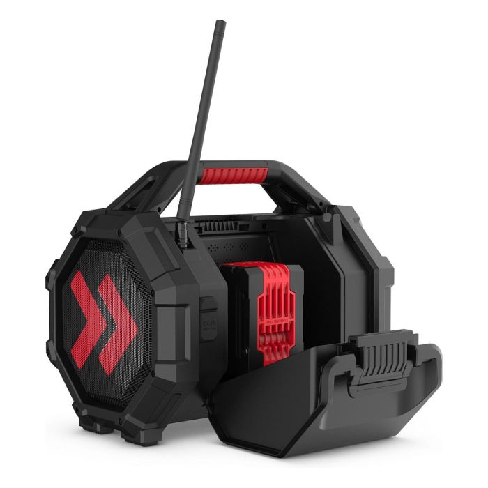 PerfectPro ROCKTAGON Radio de obra digital 30W DAB+ FM Bluetooth 5.2 IP65, 4 altavoces, compatible baterías 18V Bosch Makita DeWalt Milwaukee, USB, Negro/Rojo