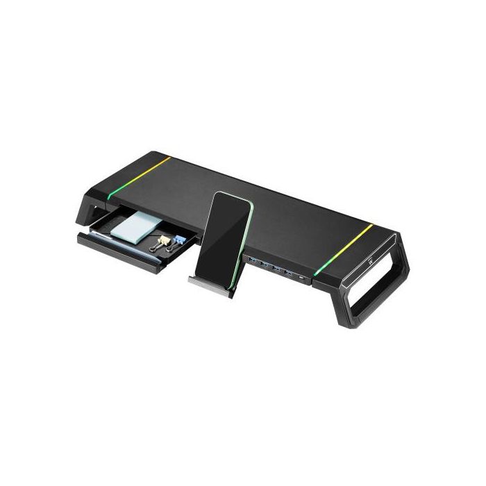 Ewent EW1268 Elevador Soporte Monitor RGB con Cajón de Almacenamiento, Soporte para Smartphone y 4 Puertos USB 3.0