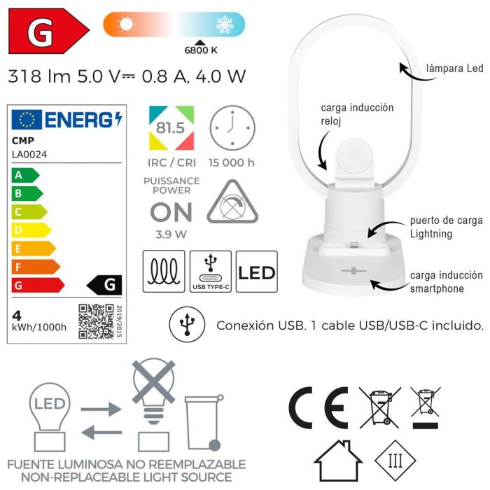 Lámpara Led Cargador Inducción Home Deco Factory 6