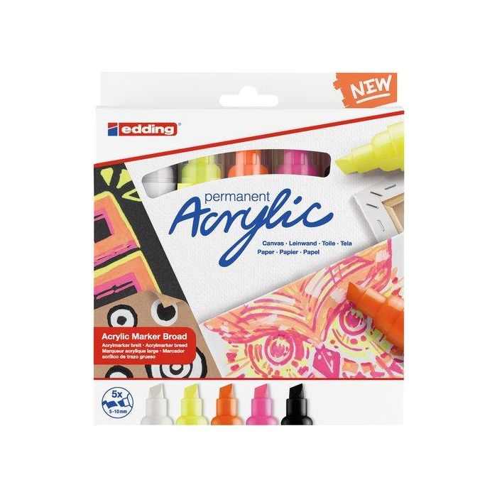 Marcador Acrylic Edding 5000 Biselado (5-10 Mm) Colores Neon Estuche De 5