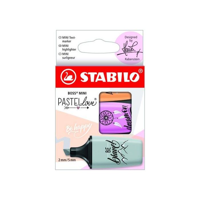 Stabilo Rotulador fluorescente Boss Mini Pastel Love, estuche 3 unidades, fucsia helado, naranja pálido, gris, punta biselada 2-5 mm