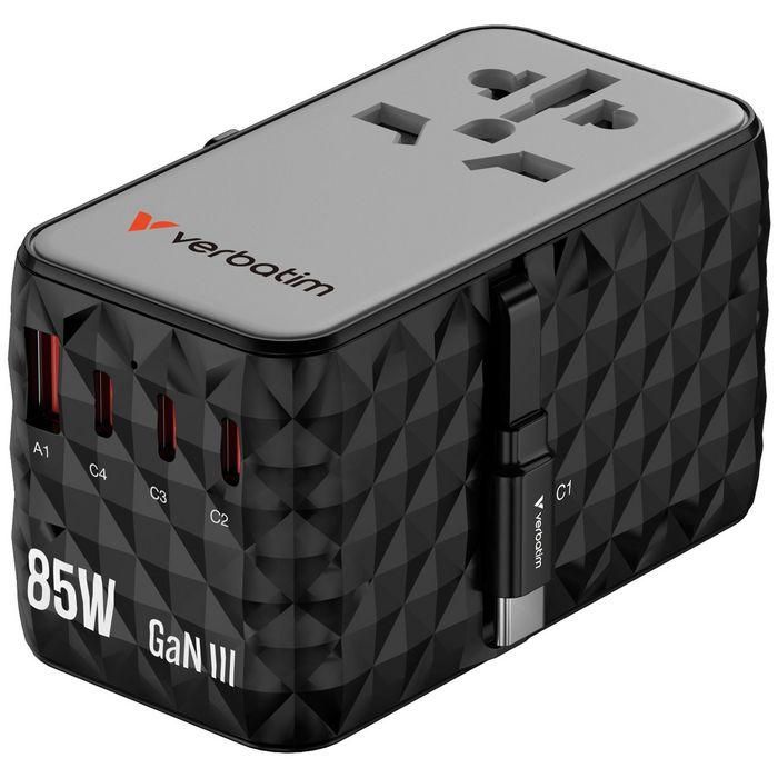 Verbatim Charge 'n' Travel: Adaptador de Viaje Universal GaN III 85W con Cable USB-C Retráctil y 6 Puertos CNT-02 0 Verbatim Charge 'n' Travel: Adaptador de Viaje Universal GaN III 85W con Cable USB-C Retráctil y 6 Puertos CNT-02 0