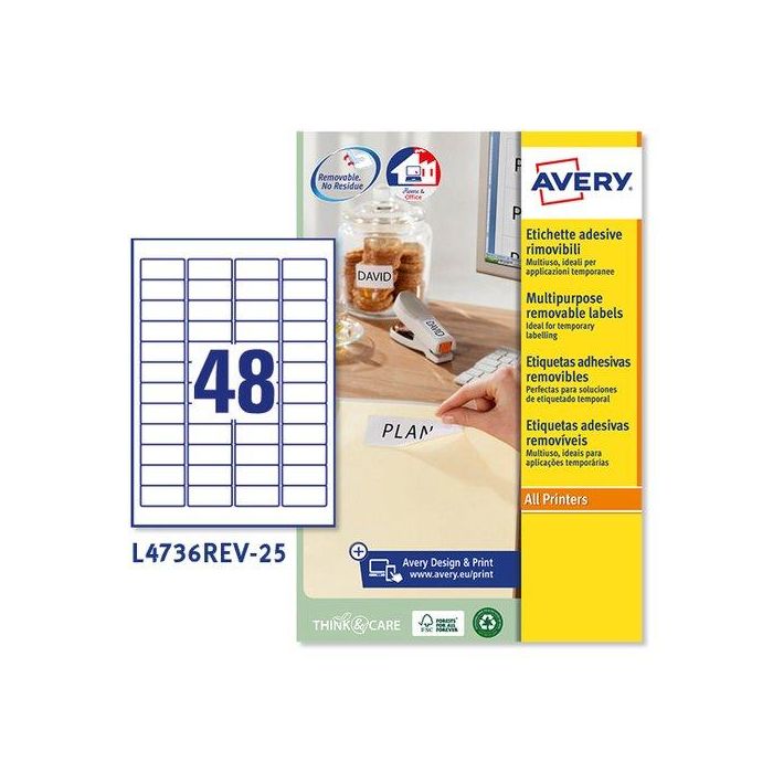 Etiquetas Adh.Impr.Avery A4 Blanca C.Romos Removible Caja 25H 45,7X21,2 Mm 1.200 Uds.(L4736Rev)