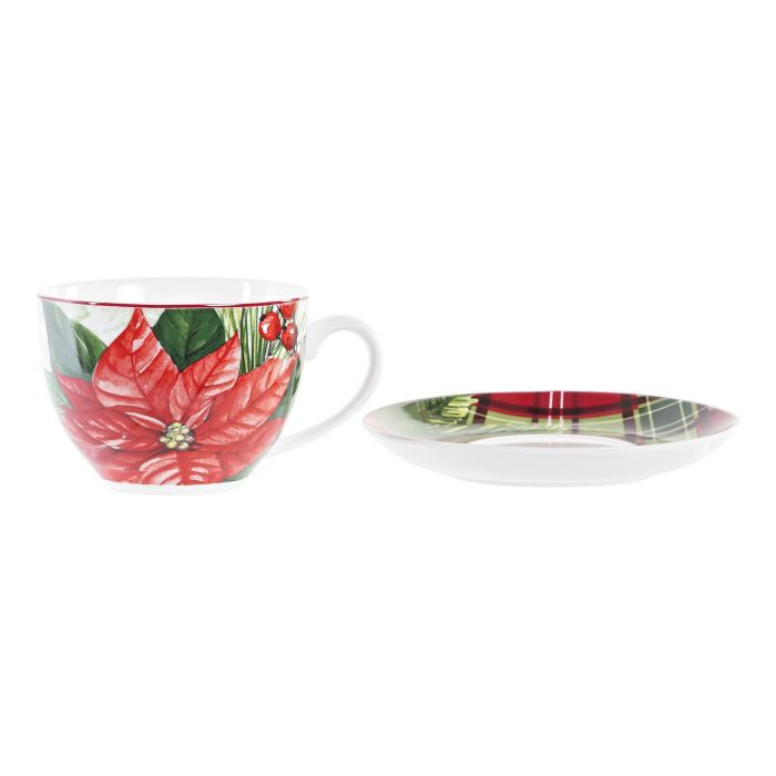 DKD Home Decor Taza Navidad Tradicional Porcelana 220ml Set 2 Piezas Rojo y Verde con Flores Apto Microondas y Lavavajillas 1