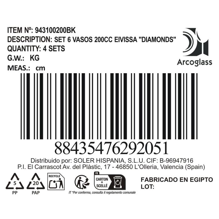 Set 6 Vasos Eivissa Diamonds 200 cc - Inde (8 Cajas) 4 Set 6 Vasos Eivissa Diamonds 200 cc - Inde (8 Cajas) 4