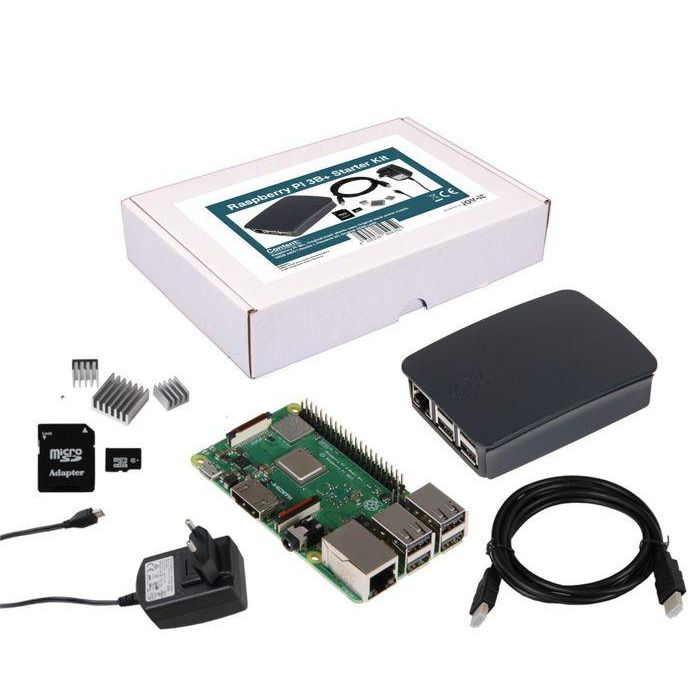 Raspberry Pi Pi 3B+ 1GB, a box, a 16GB microSD card with an adapter and installed NOOBS software, an HDMI cable, a set of heatsinks, and a micro USB power supply. Raspberry Pi Pi 3B+ 1GB, a box, a 16GB microSD card with an adapter and installed NOOBS software, an HDMI cable, a set of heatsinks, and a micro USB power supply.