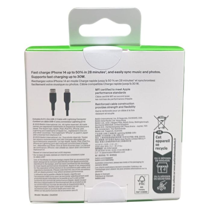 Belkin CAA003BT2MBK Cable USB-C a Lightning 2m Negro MFi Power Delivery Carga Rápida para iPhone iPad iPod 2 Belkin CAA003BT2MBK Cable USB-C a Lightning 2m Negro MFi Power Delivery Carga Rápida para iPhone iPad iPod 2