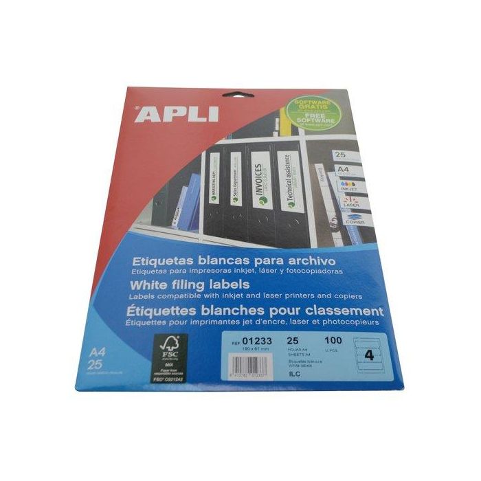 Apli Etiquetas Adhesivas para Archivo 190x61 mm Inkjet-Láser Blanco Pack 25 Hojas (100 Etiquetas)