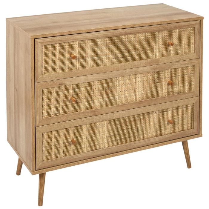 Home Deco Factory Cómoda 3 Cajones Bali, Madera y Ratán, Estilo Balinés, 90x39x79 cm