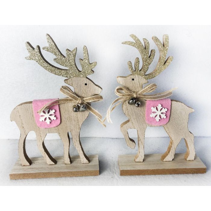 DKD Home Decor Figura de Navidad Reno Alpina de Madera Marrón Rosa 4x19x12 cm (12 Unidades)
