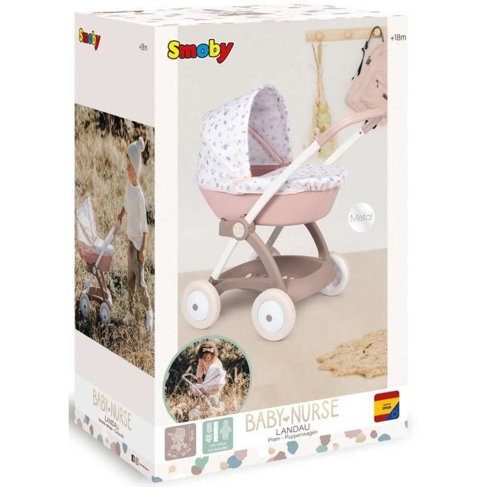 Cochecito de paseo para muñeca Baby Nurse - Smoby - Con capazo y capota de plástico - Rosa y blanco 3