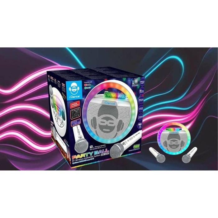 Altavoz karaoke con forma circular y luces disco. incluye 2 microfonos inhalambricos 21,5x22x15 cm 2 Altavoz karaoke con forma circular y luces disco. incluye 2 microfonos inhalambricos 21,5x22x15 cm 2