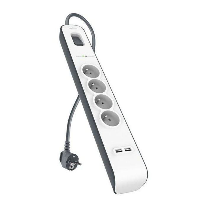 Belkin Regleta de Protección Contra Sobretensiones con 4 Tomas y 2 Puertos USB, Cable de 2 Metros, Blanco-Gris 1