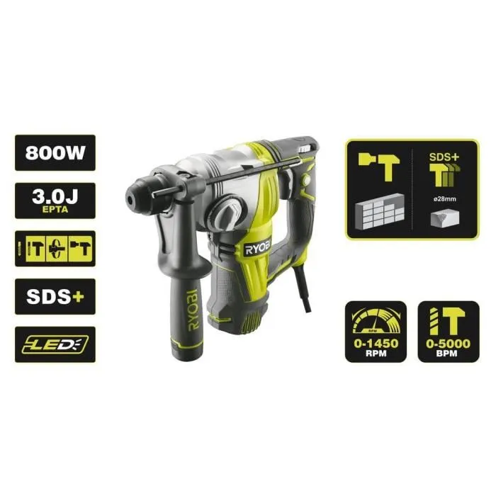 Ryobi Perforador SDS+ 4 L 800W - 3.0 Julios - 4 Modos: Taladrado, Perforación, Cincelado y Cincelado Flotante 2 Ryobi Perforador SDS+ 4 L 800W - 3.0 Julios - 4 Modos: Taladrado, Perforación, Cincelado y Cincelado Flotante 2