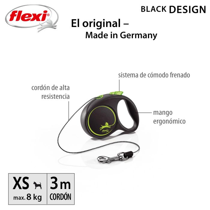 Correa Flexi Black Design XS Cordón 3M Verde 1 Correa Flexi Black Design XS Cordón 3M Verde 1
