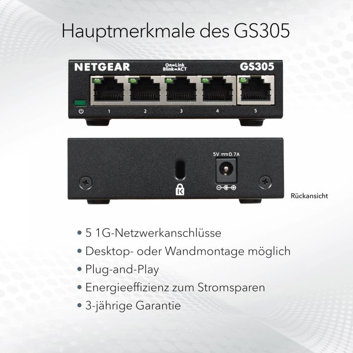 Netgear GS305v3 Switch Ethernet Gigabit No Gestionable 5 Puertos RJ-45 (10/100/1000 Mbps) 10 Gbps Metálico EU 6