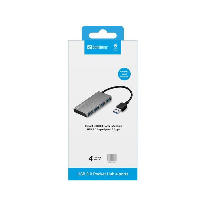 Sandberg USB 3.0 Pocket Hub 4 Puertos - Conecta Dispositivos USB Adicionales como Discos Duros, Impresoras y Ratones sin Drivers 1