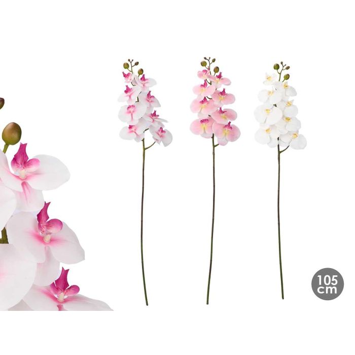 Ibergarden Rama Orquidea Artificial 105 cm, Blanco, Rosa, Verde - Plástico (Set de 24)