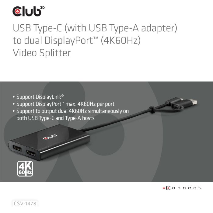 Club3D CSV-1478 Adaptador USB-C a 2x DisplayPort 4K@60Hz - Conexión Dual Monitor para PC Portátil y Escritorio Negro 4 Club3D CSV-1478 Adaptador USB-C a 2x DisplayPort 4K@60Hz - Conexión Dual Monitor para PC Portátil y Escritorio Negro 4