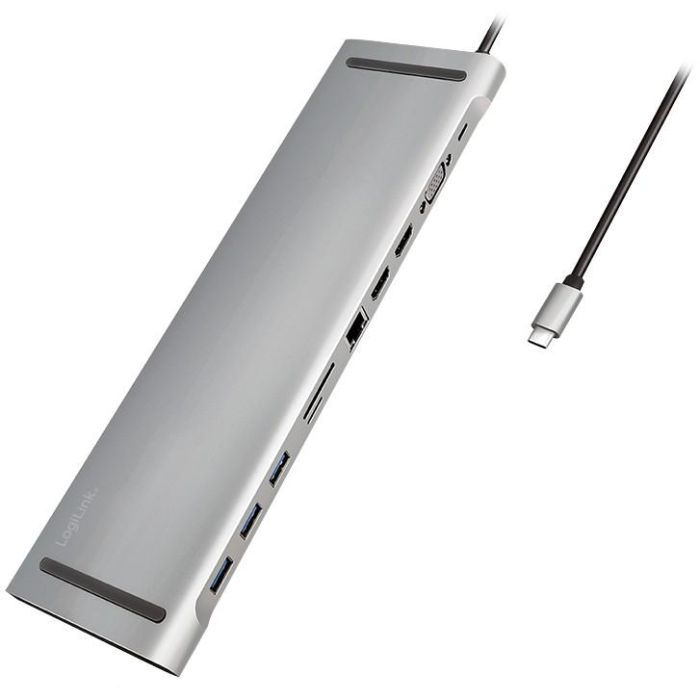 LogiLink UA0373 Docking Station USB-C 11 en 1 con Suministro de Energía PD 100W, Plata