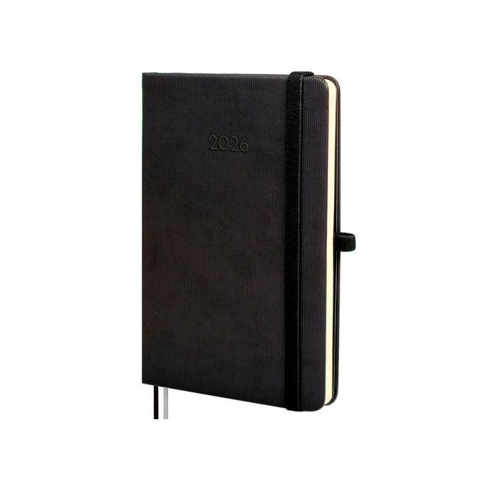 Finocam Agenda Minimal Textura 2026 M4 118x168 mm Día Página Negro Tapa Dura con Goma Elástica y Bolsillo
