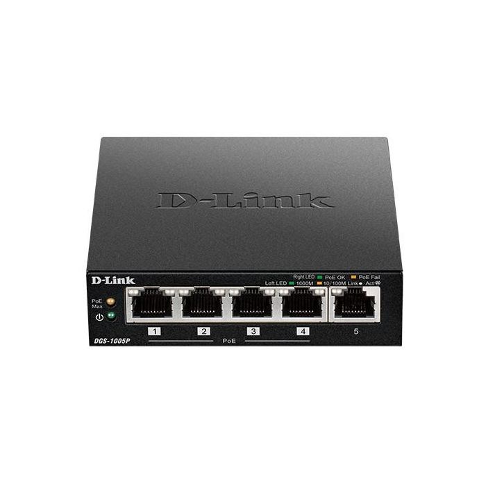 D-Link DGS-1005P Switch Gigabit de Escritorio 5 Puertos (4 PoE+ 60W), Compacto, Silencioso, Plug & Play para Hogar y Pyme