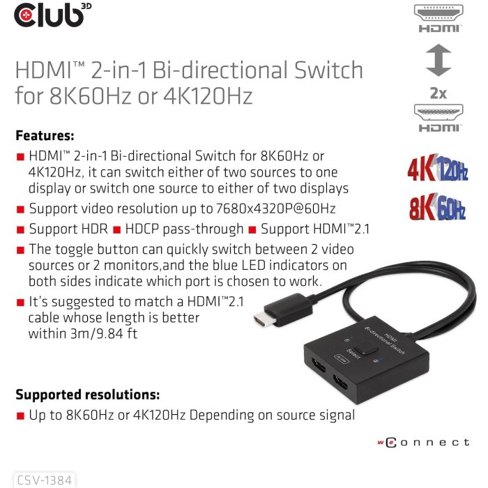 Club3D HDMI Switch Bidireccional 8K60Hz/4K120Hz UHD CSV-1384 13