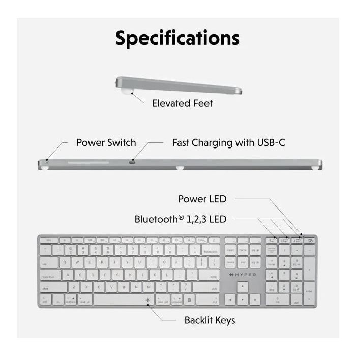 Hyper Teclado Inalámbrico Bluetooth 5.0 Nordic Retroiluminado Multidispositivo USB-C Gris Espacial Compatible macOS Windows iPadOS Chrome OS 7 Hyper Teclado Inalámbrico Bluetooth 5.0 Nordic Retroiluminado Multidispositivo USB-C Gris Espacial Compatible macOS Windows iPadOS Chrome OS 7