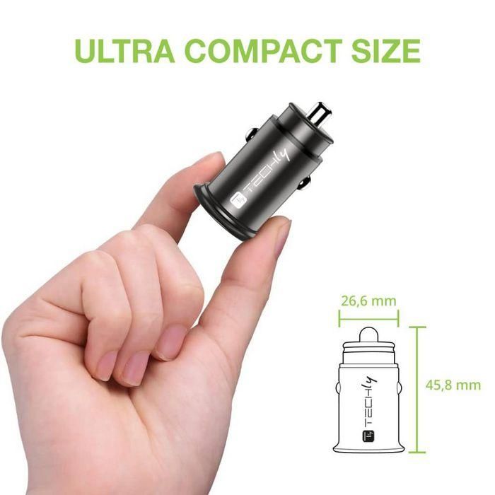 Techly Mini Car Charger USB-A and USB-C Quick Charge 3.0 38W in Black Metal 2 Techly Mini Car Charger USB-A and USB-C Quick Charge 3.0 38W in Black Metal 2