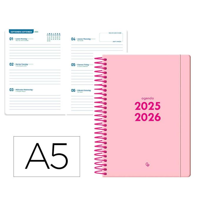 Agenda Escolar Liderpapel 25-26 Espiral Basic Rosa Semana Vista A5 Bilingüe Papel Fsc 70 gr Agenda Escolar Liderpapel 25-26 Espiral Basic Rosa Semana Vista A5 Bilingüe Papel Fsc 70 gr