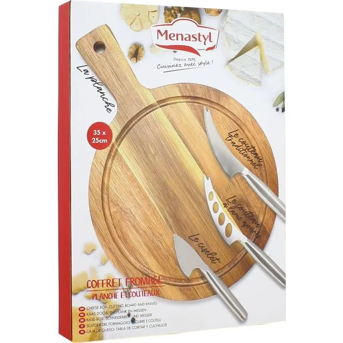 Menastyl Tabla de cortar 5040076 Rectangular Madera de acacia con 3 cuchillos para queso de acero inoxidable 1 Menastyl Tabla de cortar 5040076 Rectangular Madera de acacia con 3 cuchillos para queso de acero inoxidable 1