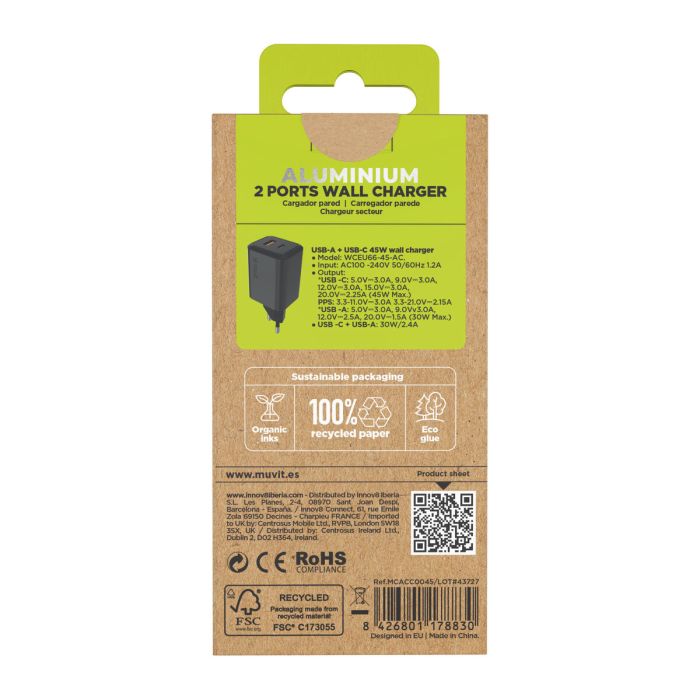 muvit for change cargador de pared USB + Tipo C PD45W aluminio 4
