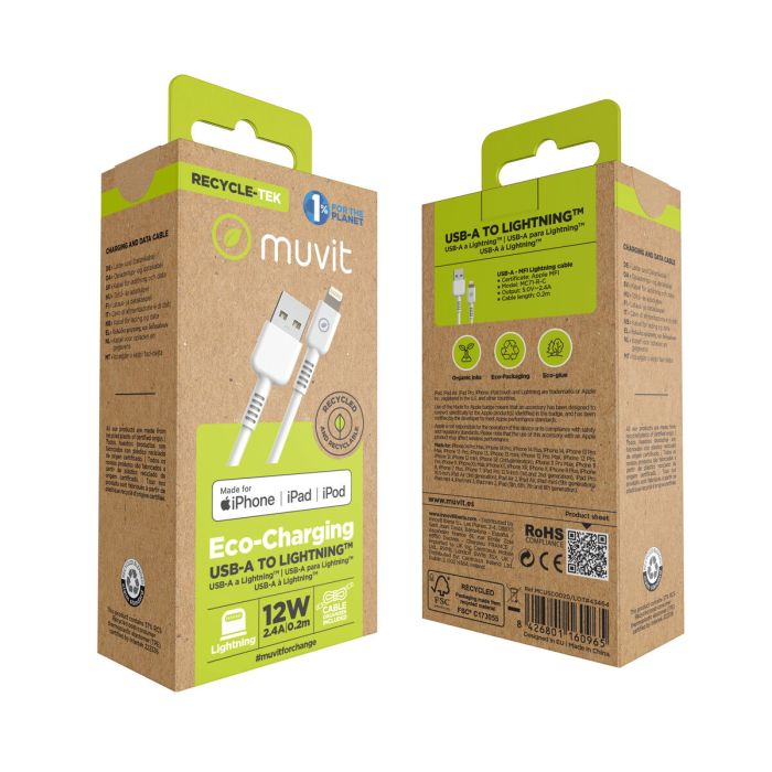 muvit for change cable USB a Lightning MFI 2,4A/12W 0,2m blanco 2 muvit for change cable USB a Lightning MFI 2,4A/12W 0,2m blanco 2