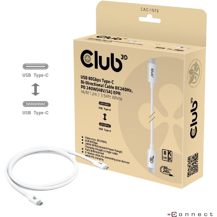 Club3D Kabel USB-C 80Gbps Certificado PD240W/8K240Hz 1.2m Blanco
