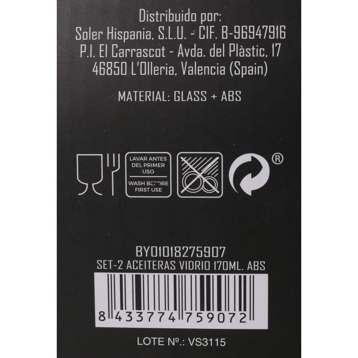 Set de 2 aceiteras de vidrio 170 ml Anna (24 Cajas) 6 Set de 2 aceiteras de vidrio 170 ml Anna (24 Cajas) 6