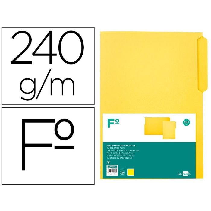 Subcarpeta Cartulina Liderpapel Folio Pestaña Superior 240 gr-M2 Amarillo 50 unidades